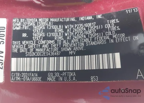 2014 Toyota Sienna L V6 7 Passenger z USA, uszkodzony, nr VIN 5TDZK3DC2ES436487